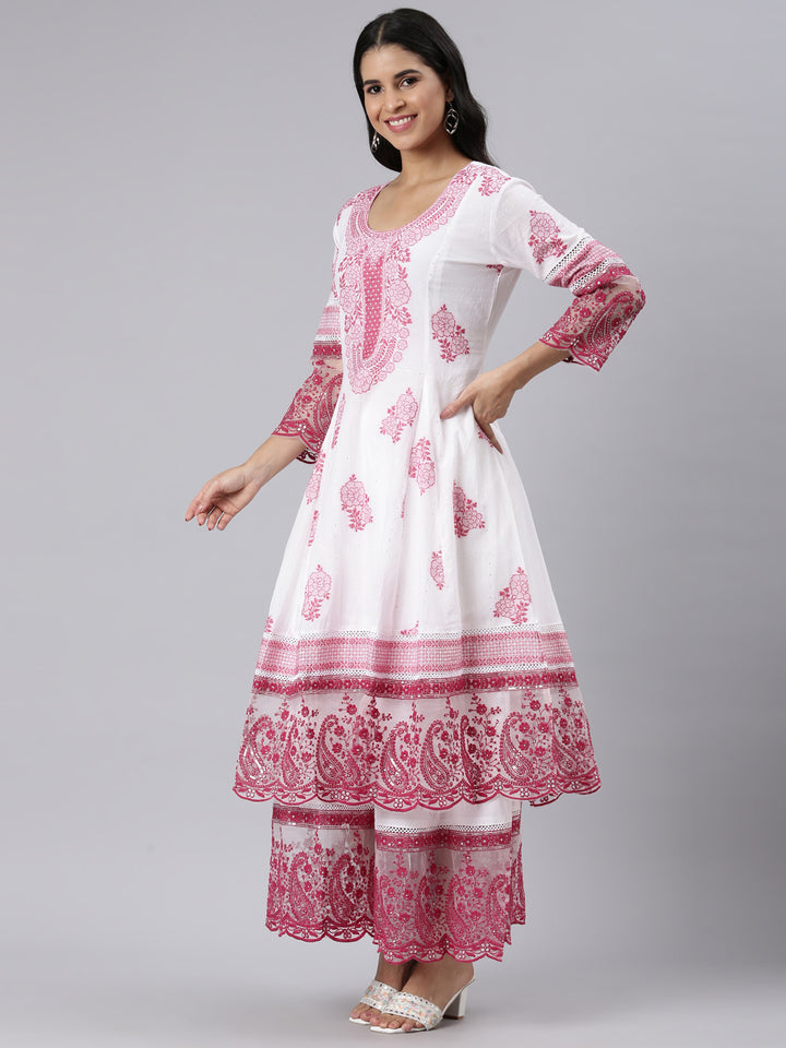 Neerus Maroon muslin embroidered straight suit set - back view