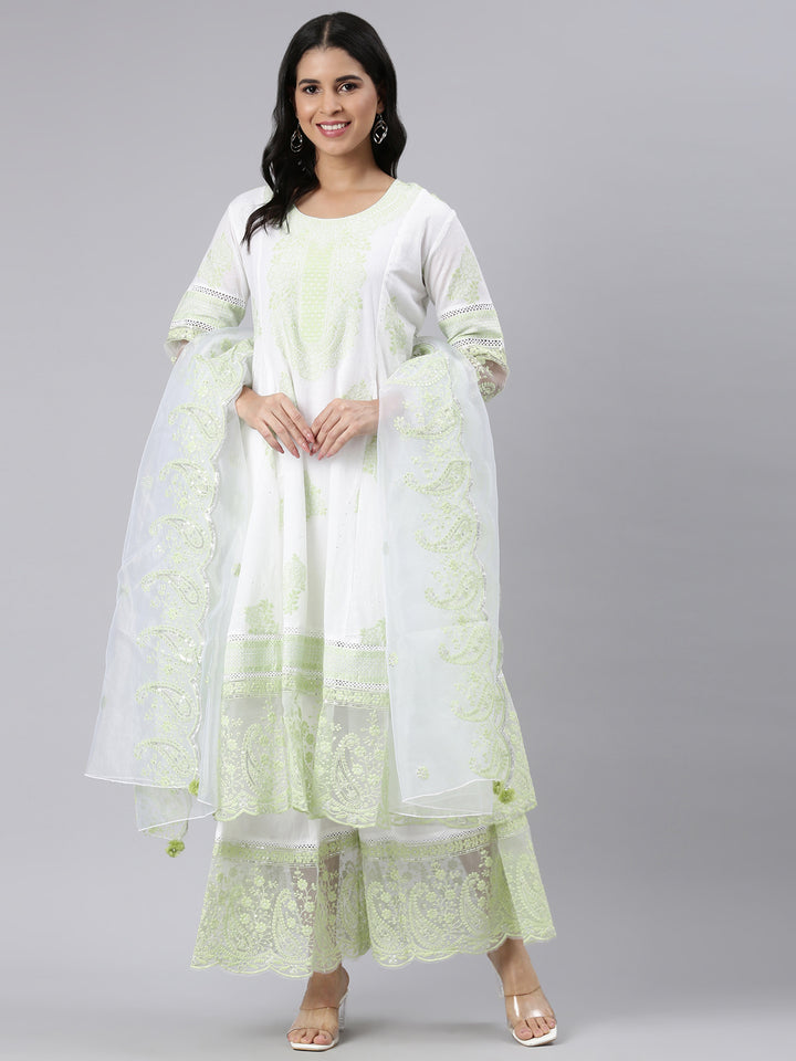Neerus Green Panelled Straight Embroidered Kurta and Palazzos With Dupatta
