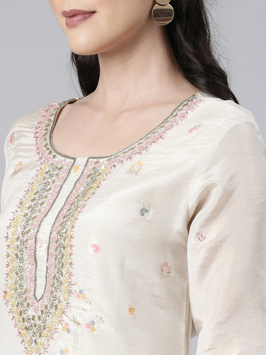 Neerus Beige printed floral suit set straight kurta with trouser and dupatta - detail view 4