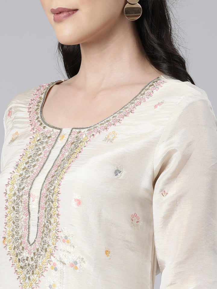 Neerus Beige printed floral suit set straight kurta with trouser and dupatta - detail view 4