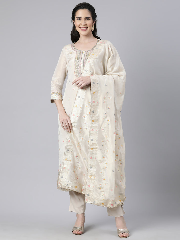 Neerus Beige printed floral suit set straight kurta with trouser and dupatta - front view