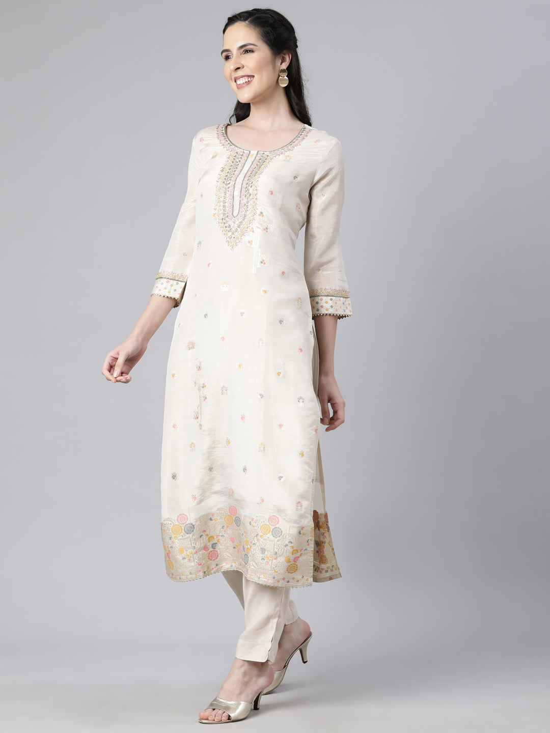 Neerus Beige printed floral suit set straight kurta with trouser and dupatta - back view