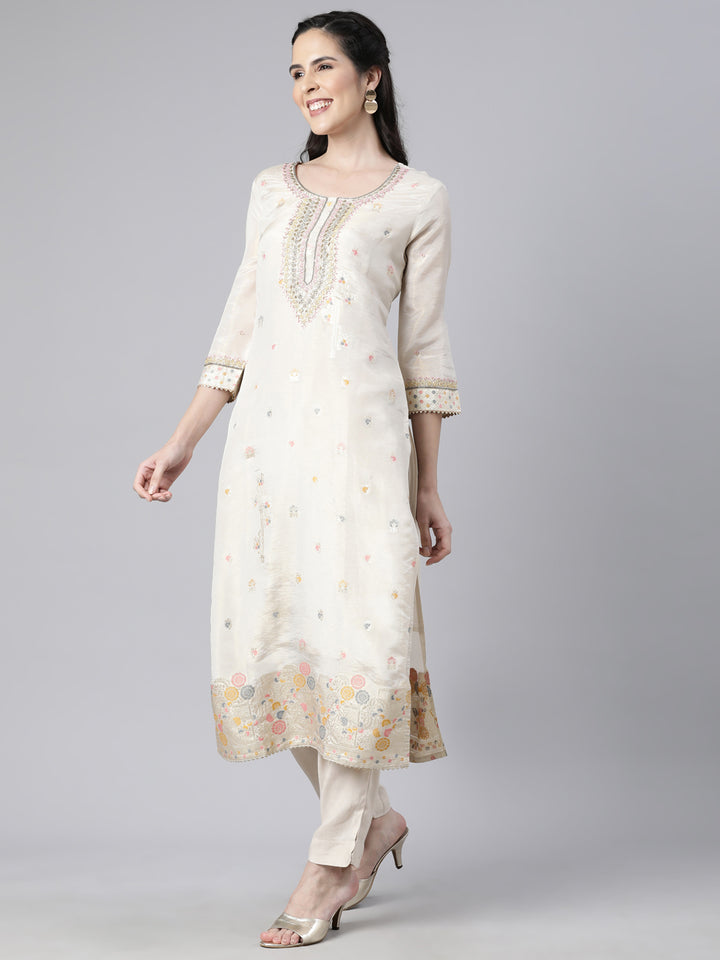 Neerus Beige printed floral suit set straight kurta with trouser and dupatta - back view