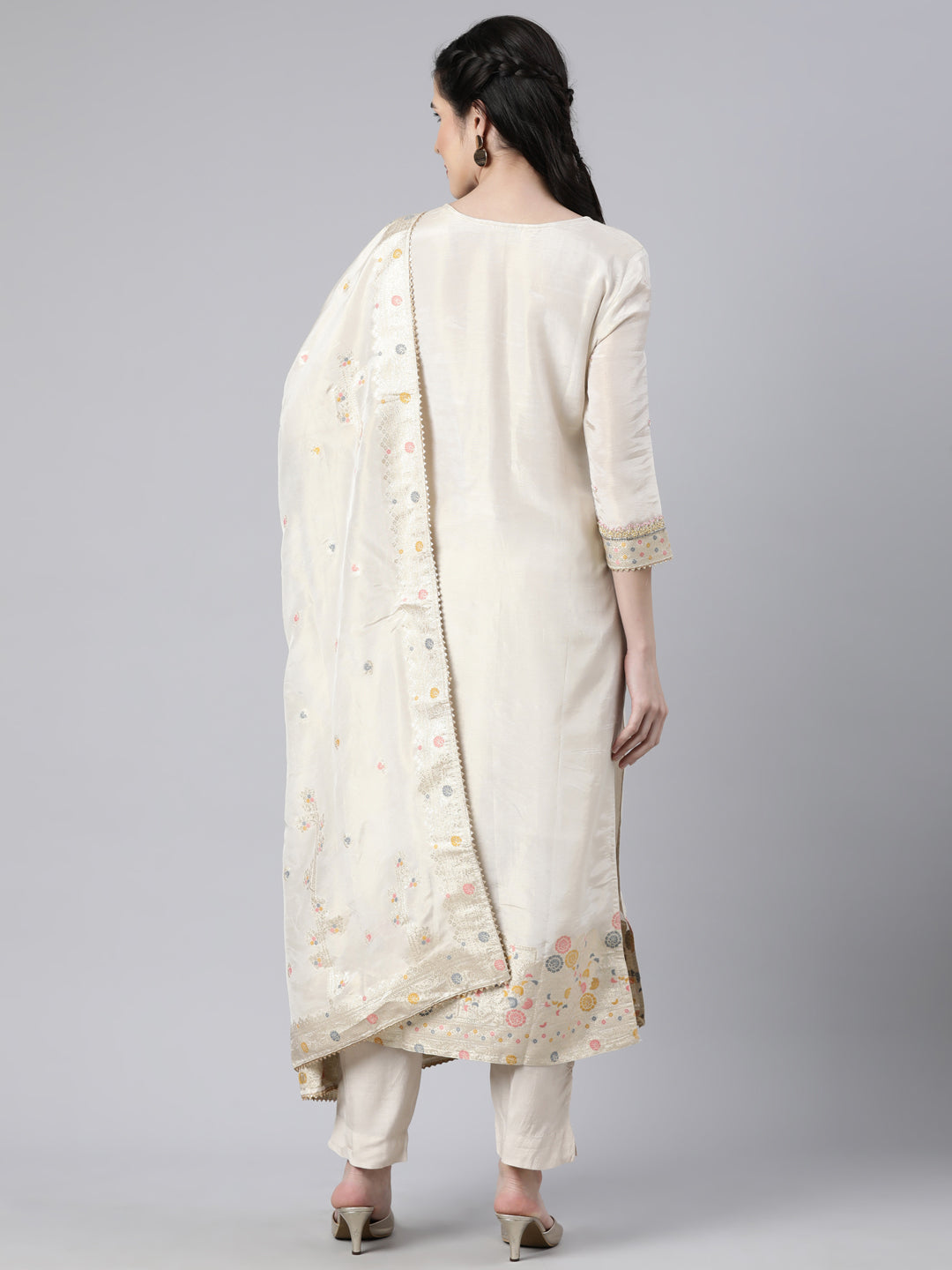 Neerus Beige printed floral suit set straight kurta with trouser and dupatta - side view