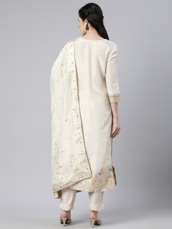Neerus Beige printed floral suit set straight kurta with trouser and dupatta - side view