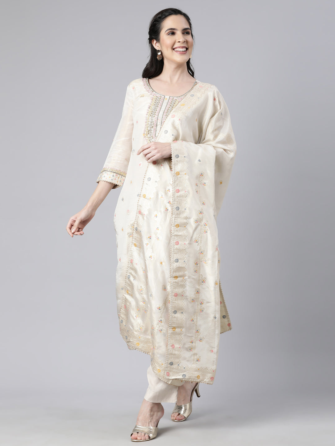 Neerus Beige printed floral suit set straight kurta with trouser and dupatta - detail view 1
