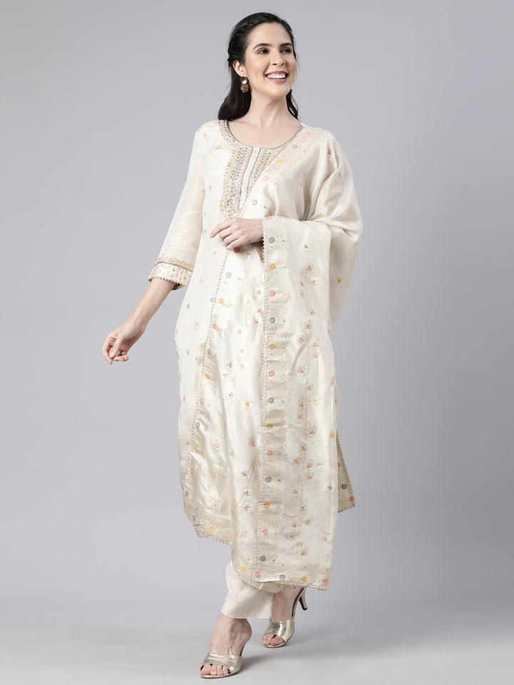 Neerus Beige printed floral suit set straight kurta with trouser and dupatta - detail view 1