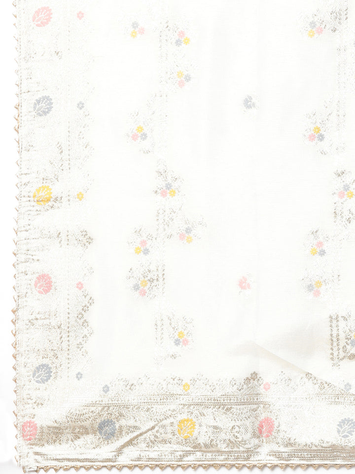Neerus Beige printed floral suit set straight kurta with trouser and dupatta - detail view 3