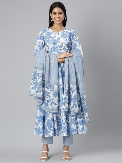 Neerus Blue Panelled Curved Printed Kurta and Trousers With Dupatta
