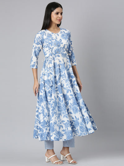 Neerus Blue Panelled Curved Printed Kurta and Trousers With Dupatta