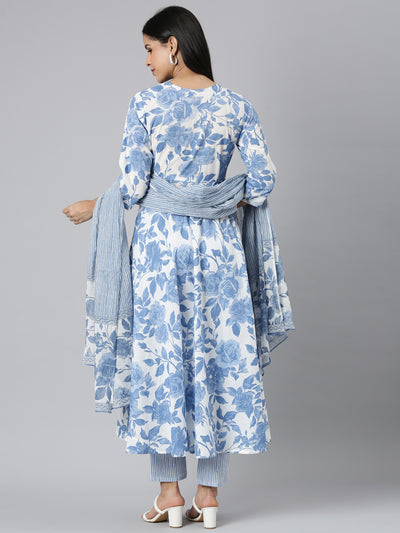 Neerus Blue Panelled Curved Printed Kurta and Trousers With Dupatta