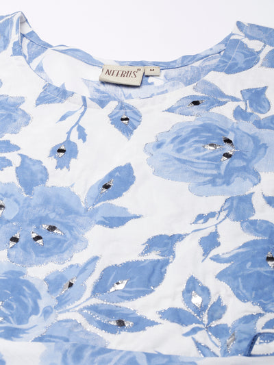 Neerus Blue Panelled Curved Printed Kurta and Trousers With Dupatta