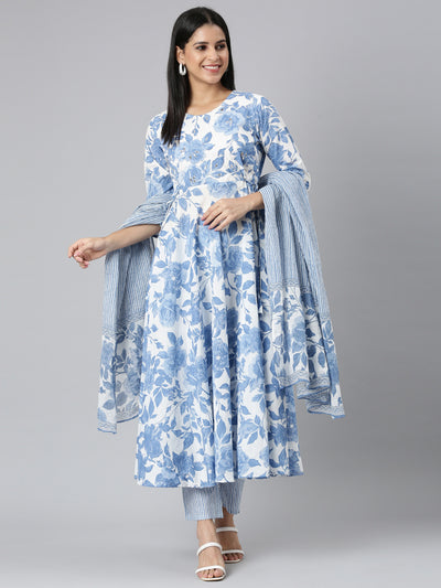 Neerus Blue Panelled Curved Printed Kurta and Trousers With Dupatta