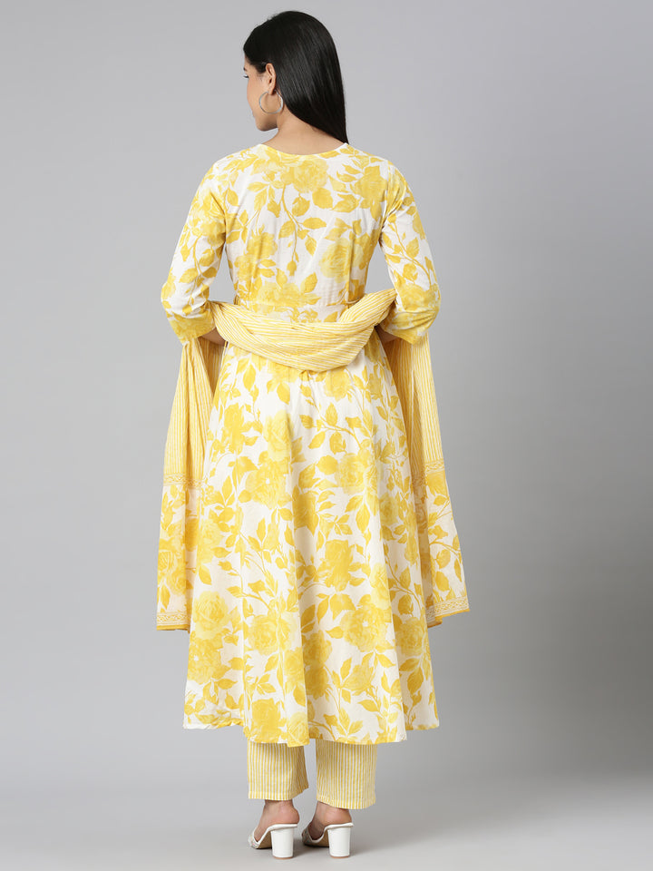 Neerus Mustard Panelled Curved Printed Kurta and Trousers With Dupatta