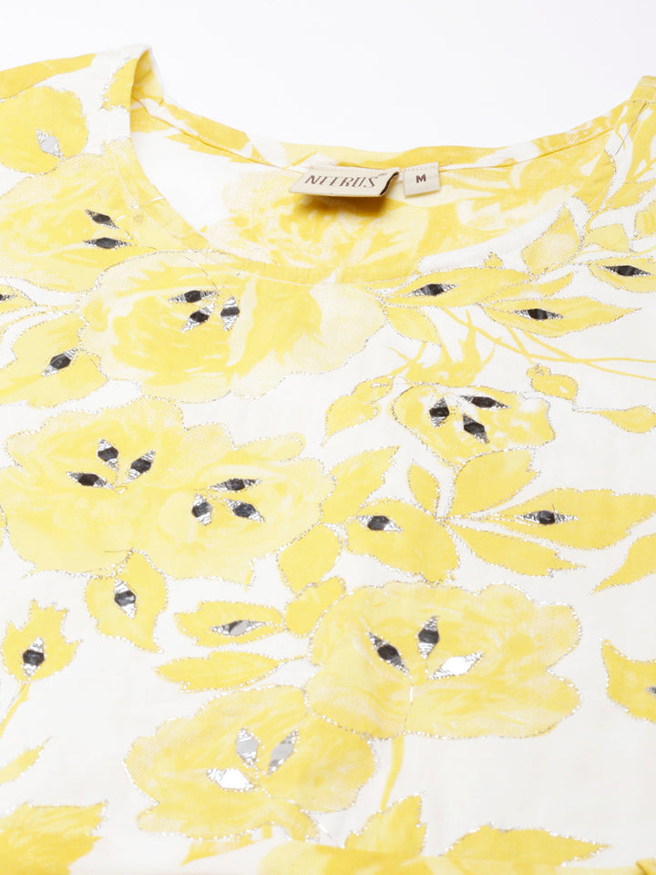 Neerus Mustard Panelled Curved Printed Kurta and Trousers With Dupatta