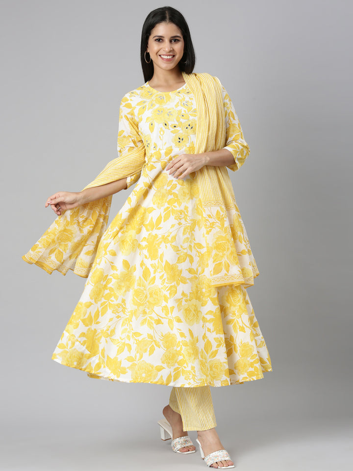 Neerus Mustard Panelled Curved Printed Kurta and Trousers With Dupatta