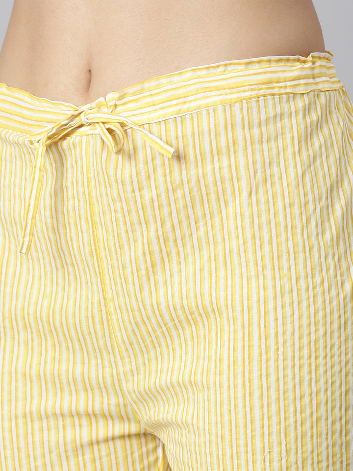 Neerus Mustard Panelled Curved Printed Kurta and Trousers With Dupatta