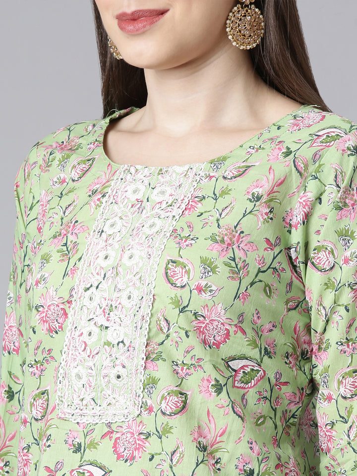 Neerus Lime Green Printed Straight Kurta and Trousers With Dupatta