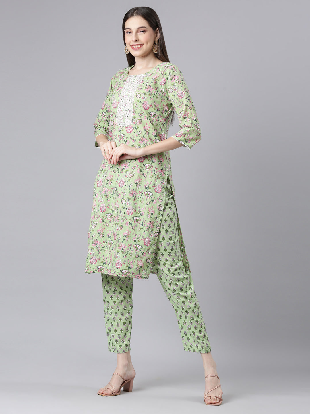 Neerus Lime Green Printed Straight Kurta and Trousers With Dupatta