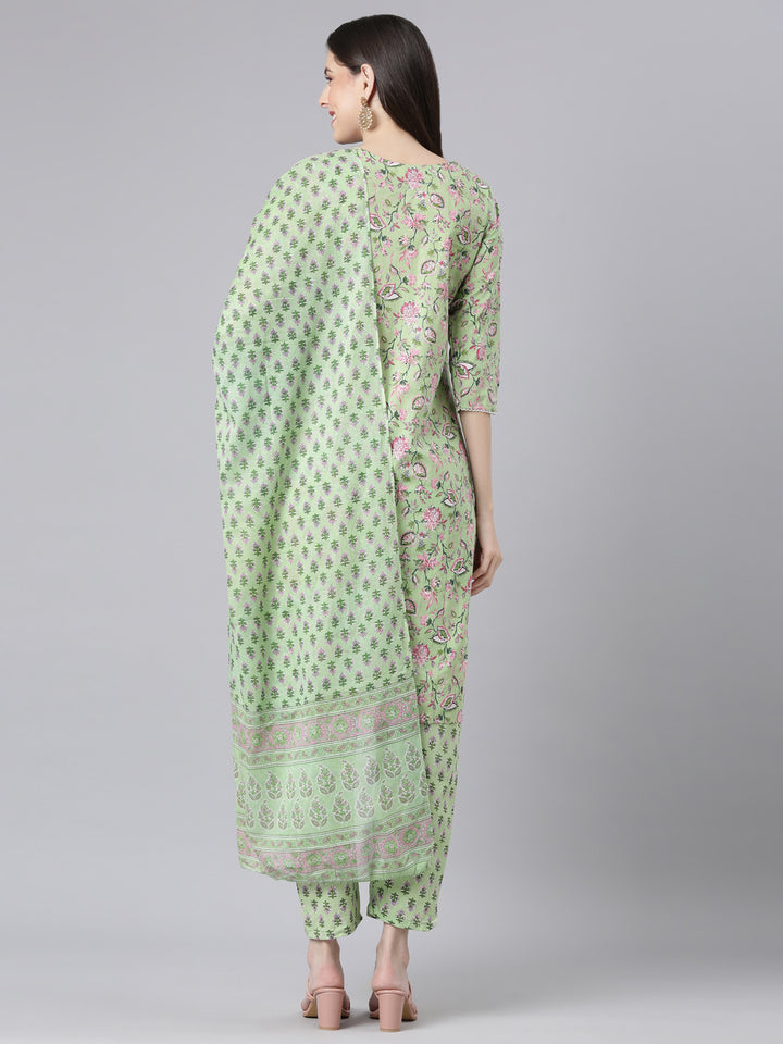 Neerus Lime Green Printed Straight Kurta and Trousers With Dupatta