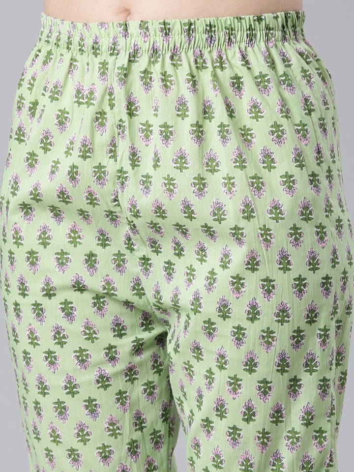 Neerus Lime Green Printed Straight Kurta and Trousers With Dupatta