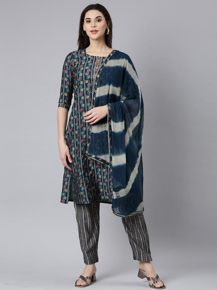 Neerus Blue printed floral suit set - front view