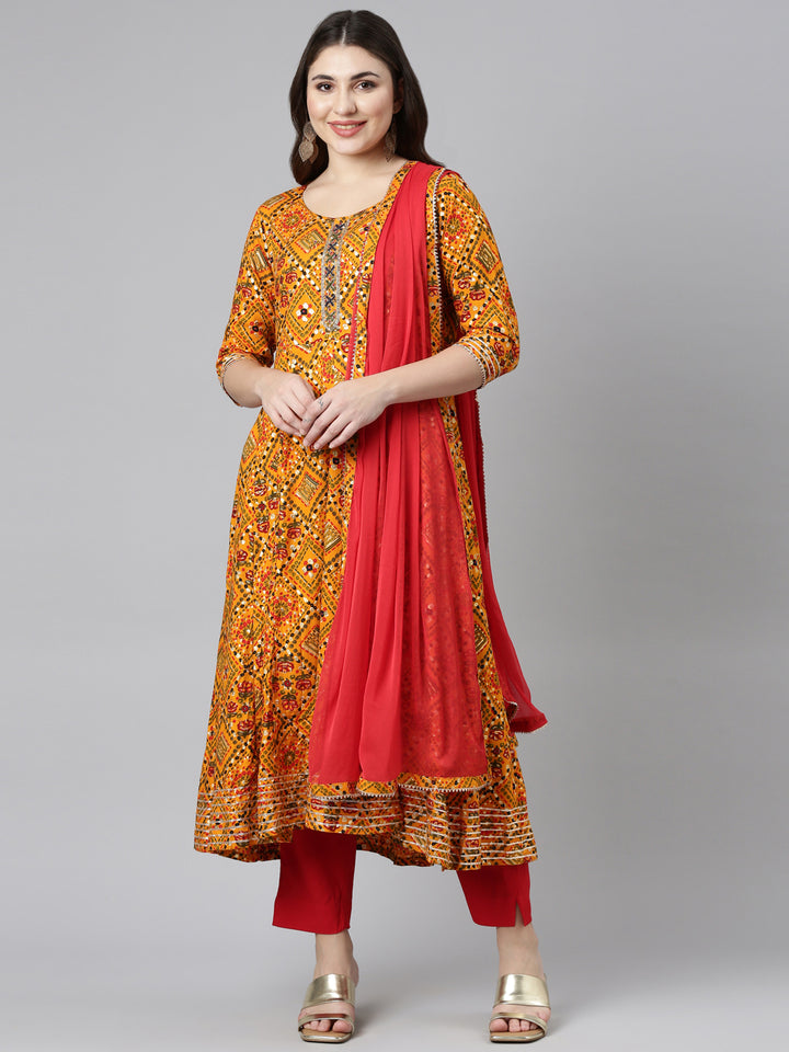 Neerus Yellow Regular Straight Printed Kurta And Trousers Dupatta