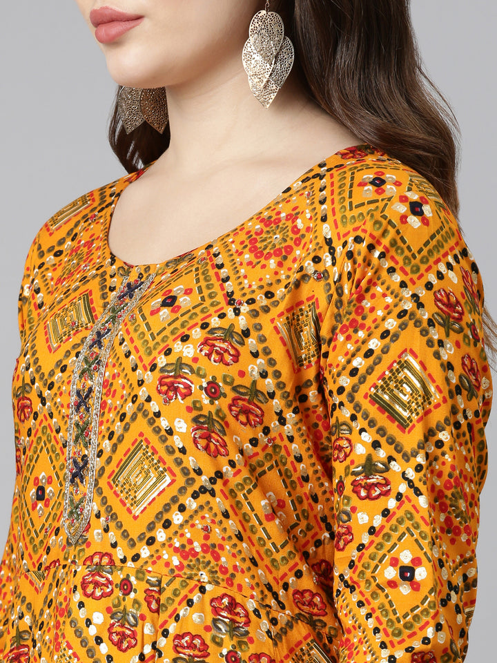 Neerus Yellow Regular Straight Printed Kurta And Trousers Dupatta