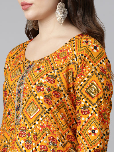 Neeru's Yellow Regular Straight Printed Kurta And Trousers Dupatta