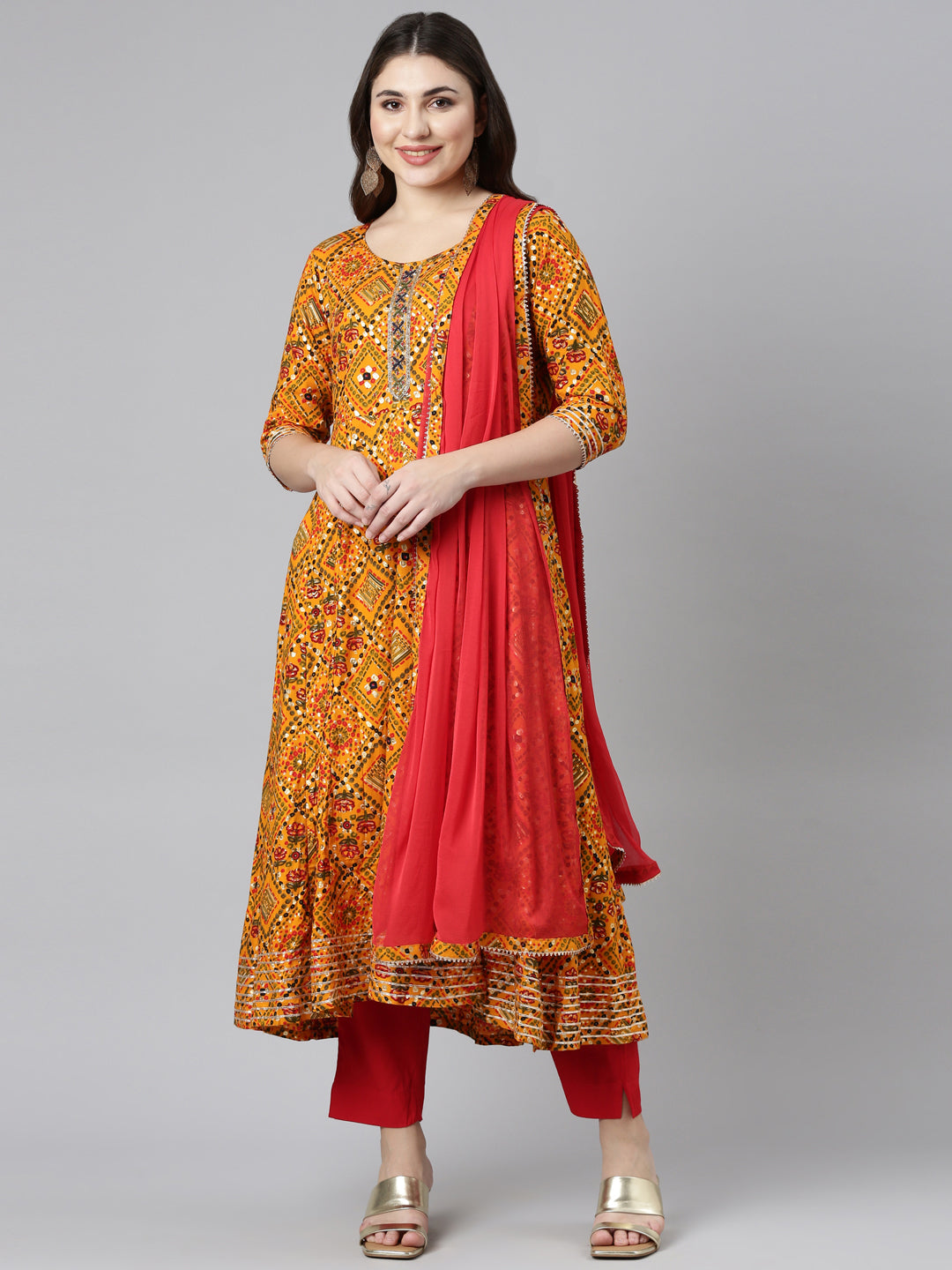 Neeru's Yellow Regular Straight Printed Kurta And Trousers Dupatta
