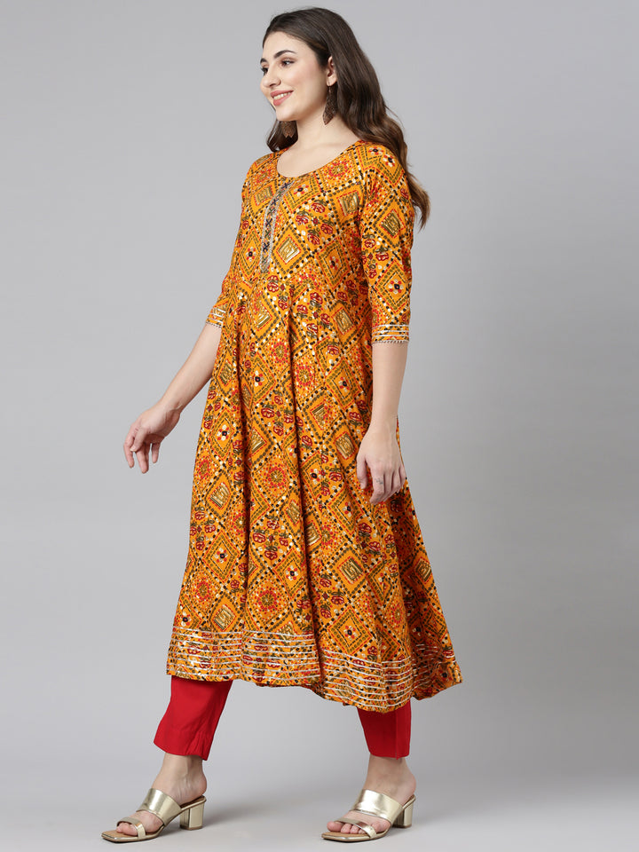 Neerus Yellow Regular Straight Printed Kurta And Trousers Dupatta