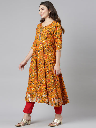 Neeru's Yellow Regular Straight Printed Kurta And Trousers Dupatta