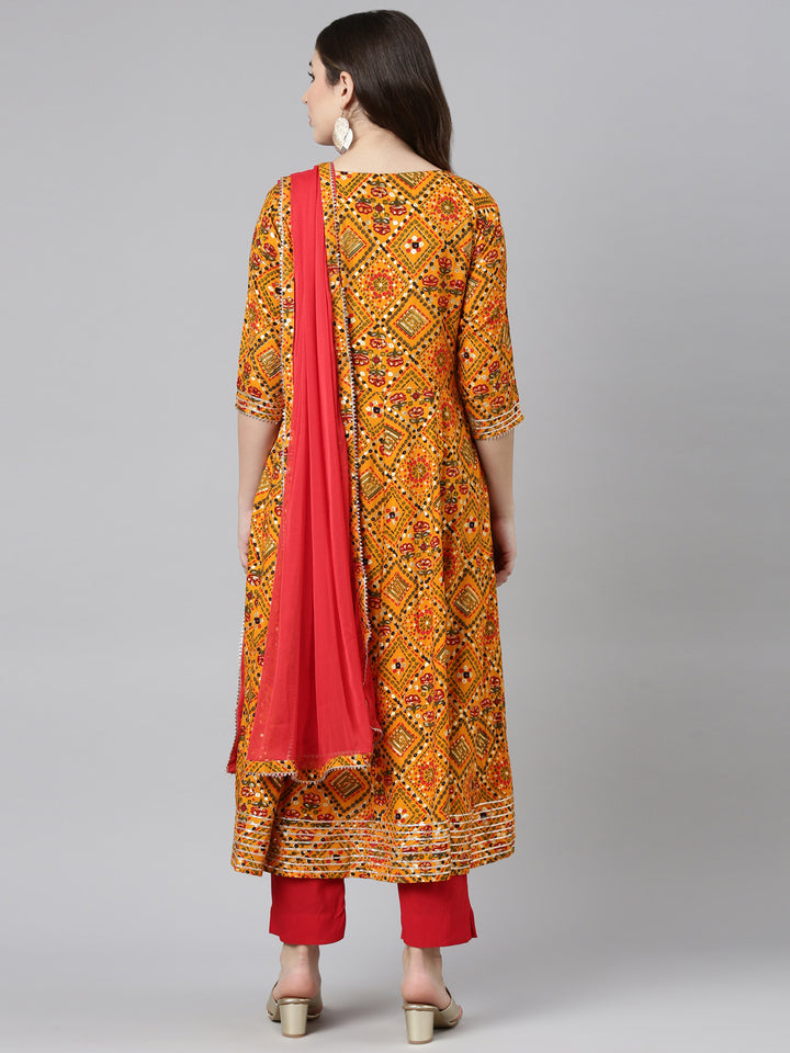 Neerus Yellow Regular Straight Printed Kurta And Trousers Dupatta