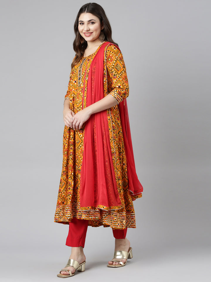 Neerus Yellow Regular Straight Printed Kurta And Trousers Dupatta