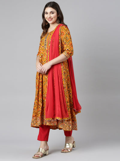 Neeru's Yellow Regular Straight Printed Kurta And Trousers Dupatta
