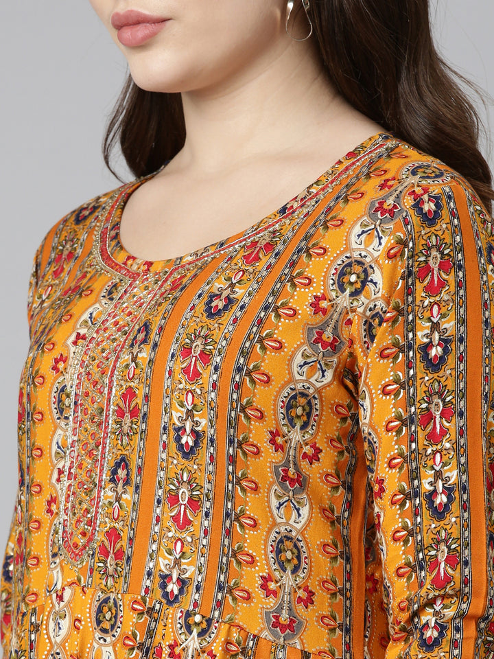 Neerus Yellow Regular Straight Printed Kurta And Trousers With Dupatta