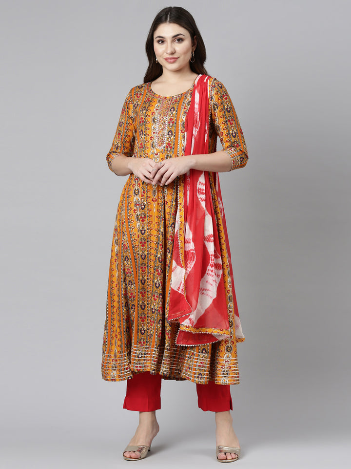 Neerus Yellow Regular Straight Printed Kurta And Trousers With Dupatta