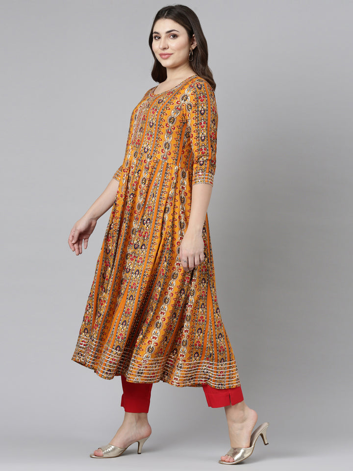 Neerus Yellow Regular Straight Printed Kurta And Trousers With Dupatta