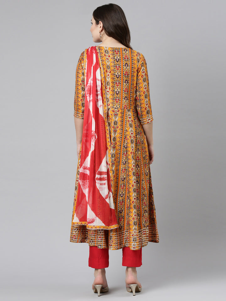 Neerus Yellow Regular Straight Printed Kurta And Trousers With Dupatta