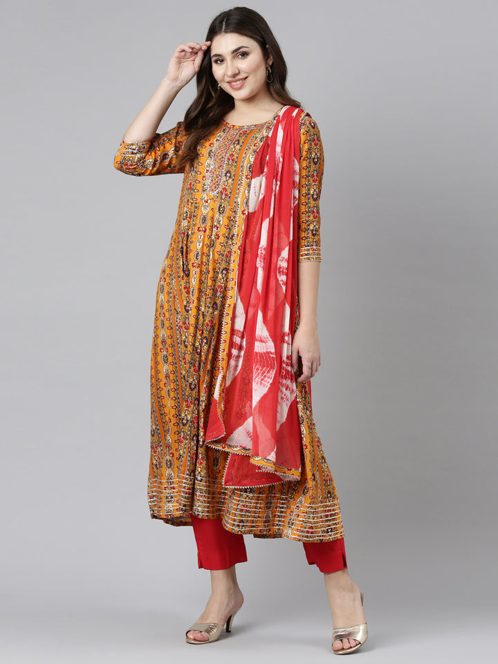 Neerus Yellow Regular Straight Printed Kurta And Trousers With Dupatta