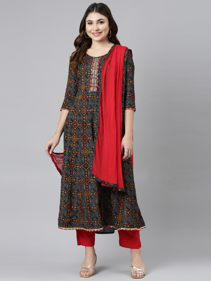 Neerus Black Regular Straight Printed Readymade Suits