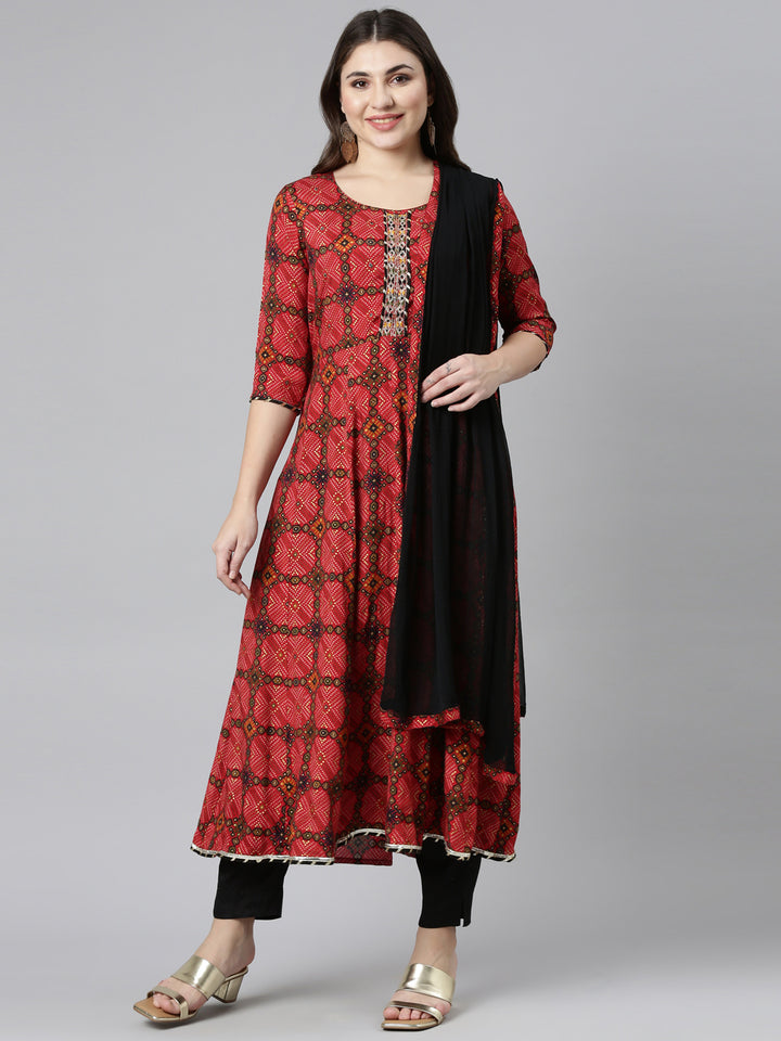 Neerus Red Regular Straight Printed Kurta And Trousers With Dupatta