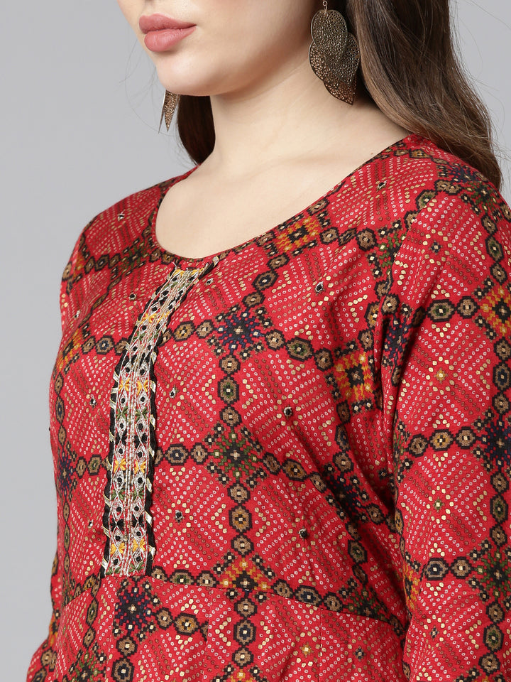 Neerus Red Regular Straight Printed Kurta And Trousers With Dupatta