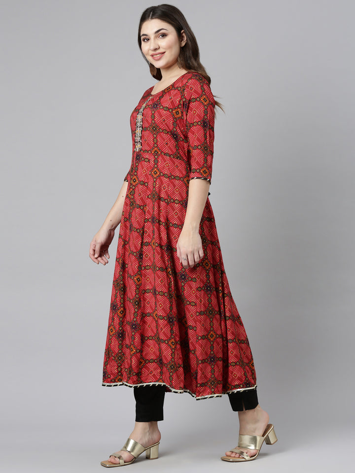 Neerus Red Regular Straight Printed Kurta And Trousers With Dupatta