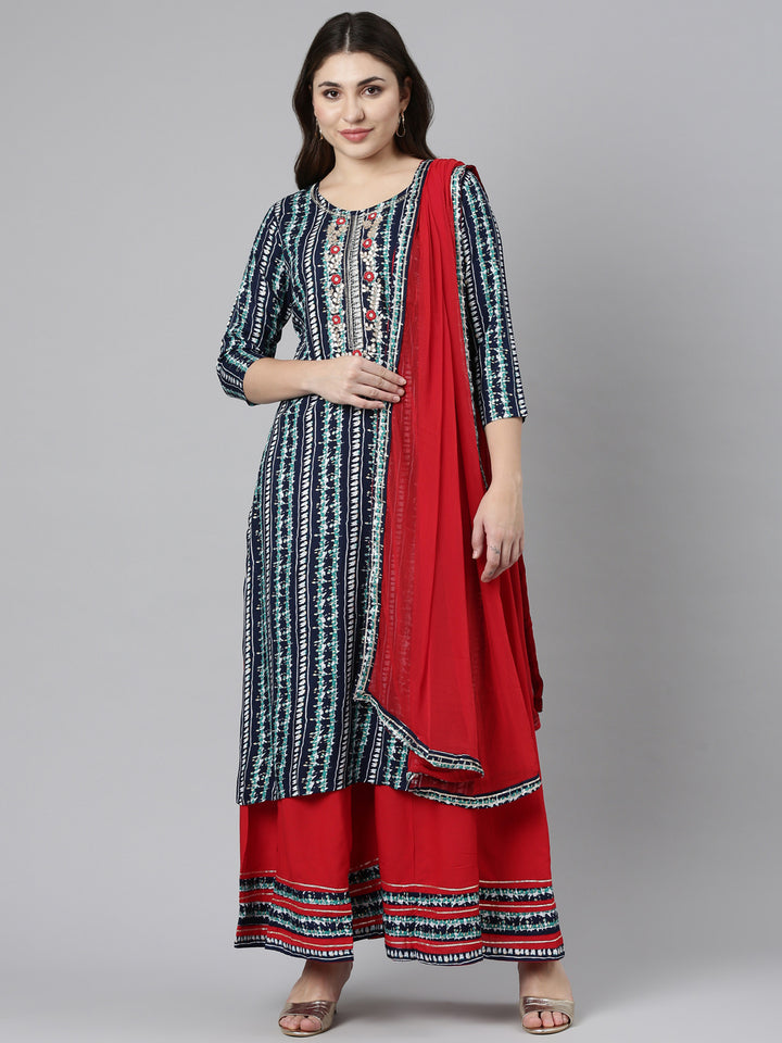 Neerus Blue printed straight kurta set with palazzo and dupatta - front view