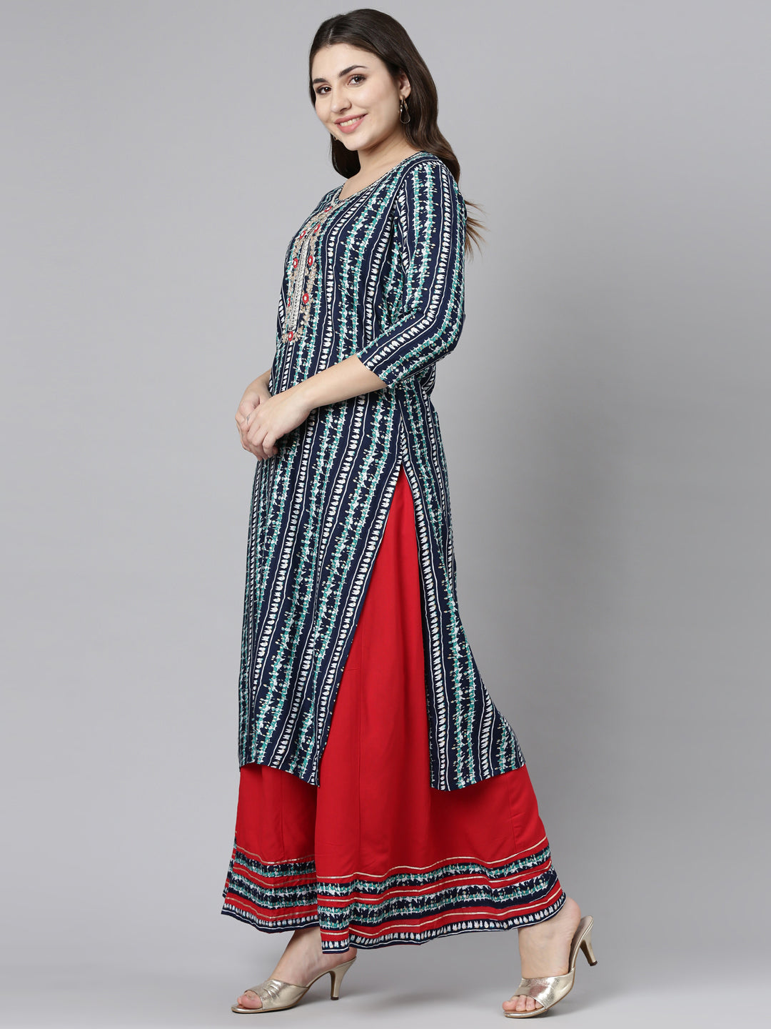 Neerus Blue printed straight kurta set with palazzo and dupatta - back view