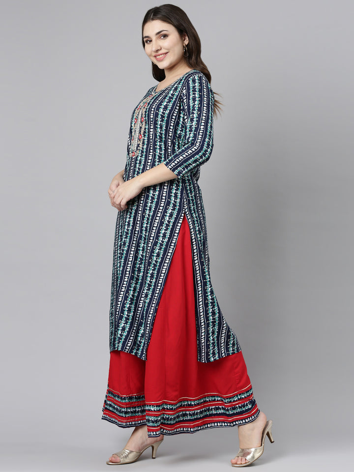 Neerus Blue printed straight kurta set with palazzo and dupatta - back view