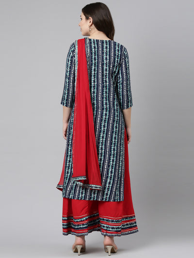 Neeru's Navy Blue Regular Straight Printed Kurta And Palazzos With Dupatta