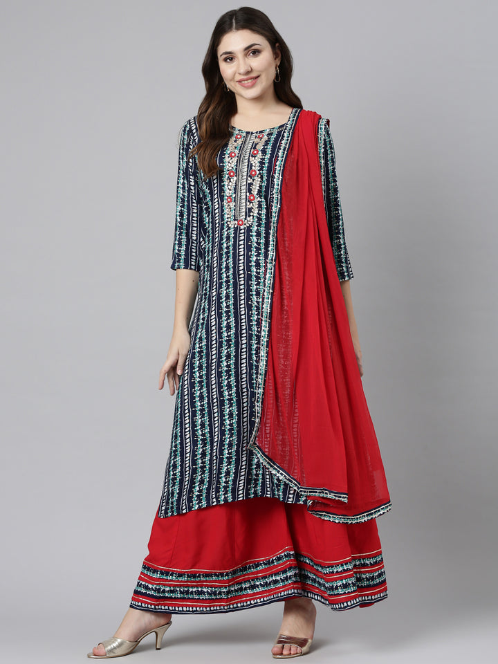 Neerus Blue printed straight kurta set with palazzo and dupatta - detail view 2