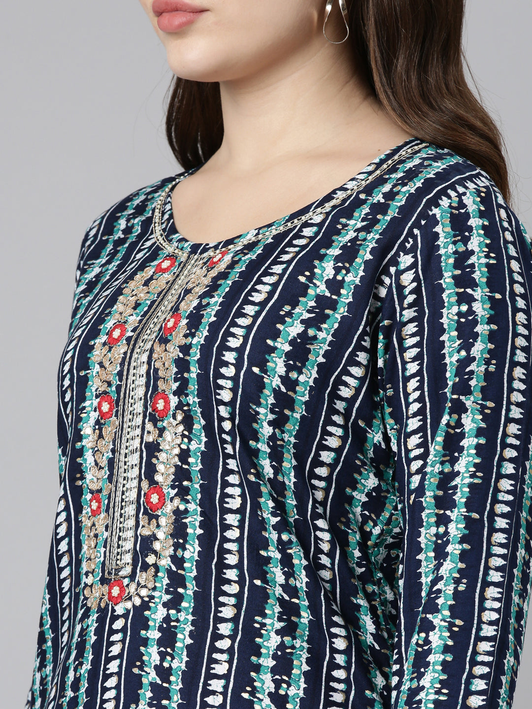 Neerus Blue printed straight kurta set with palazzo and dupatta - detail view 1